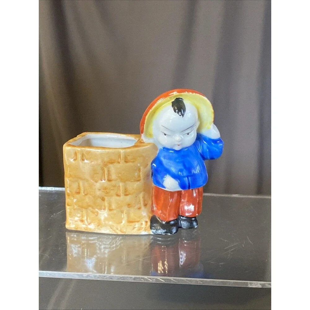 2 Vintage Occupied Japan Toothpick Holders Cart And Little Boy